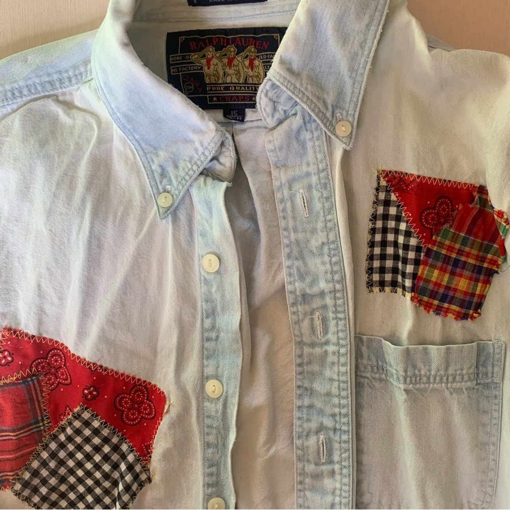 Genuine vintage Ralph Lauren patchwork button up in size 15/ 32-33. 100% Cotton.